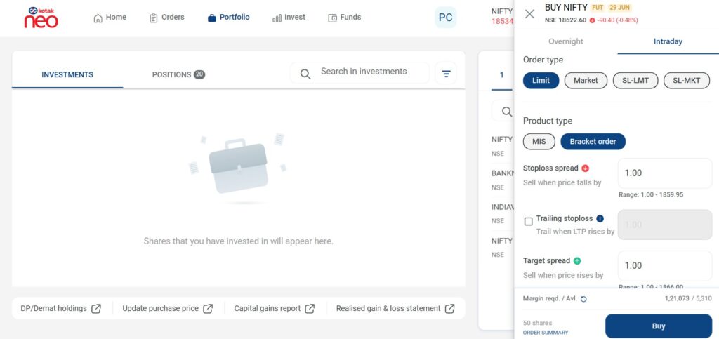 Kotak Securities trailing stop loss