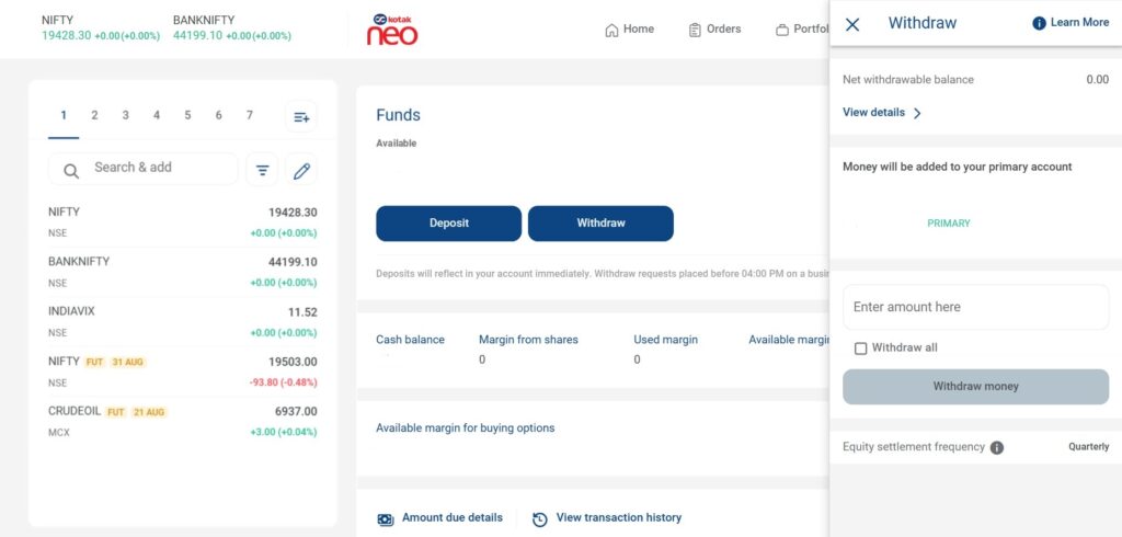 Kotak Securities Neo fund withdrawal